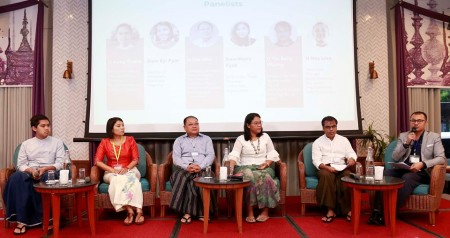 Panelists (several featured in photo) included: Daw Kyi Pyar, Member of Parliament for Kyauktada Township; U Soe Min, Managing Director, New Life Plastic Co., Ltd. and Chairman of Myanmar Plastic Industry Association Recycling Sub-Committee; U Tin Aung Khaing, Director, Win Win Myaing Co., Ltd.; Daw Wyne Pyae, Co-Founder, Thant Myanmar; U Aung Khant, Executive Director, Urbanize Policy Institute and Former Candidate for YCDC election.
