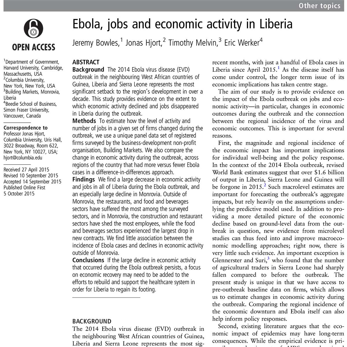 Ebola, Jobs, and Economic Activity in Liberia (2016)