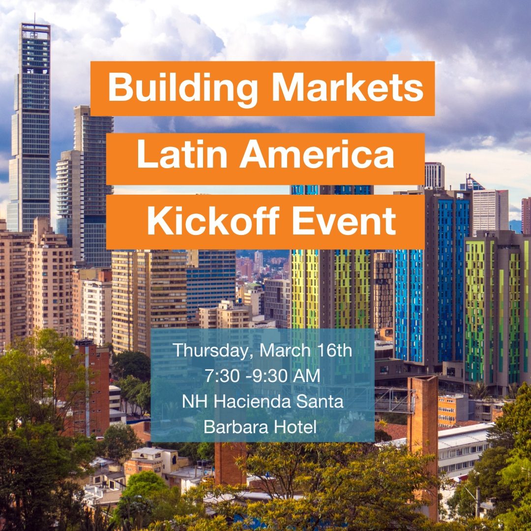 Skyline of Bogota, Colombia in the background, with information/invitation to event.